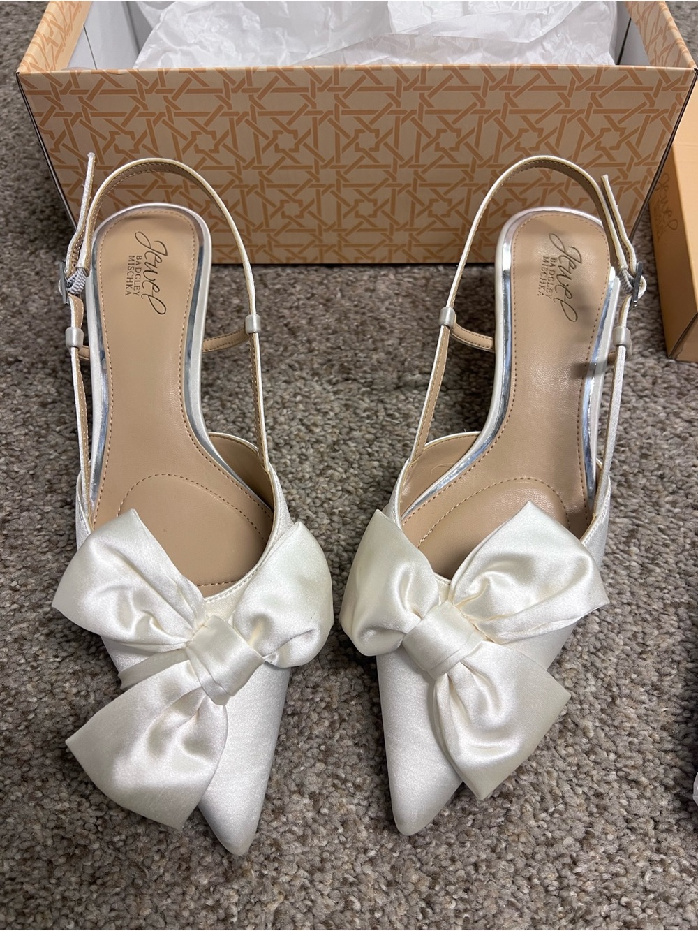 Badgley Mischka Ivory Satin Bow Slingback Heels